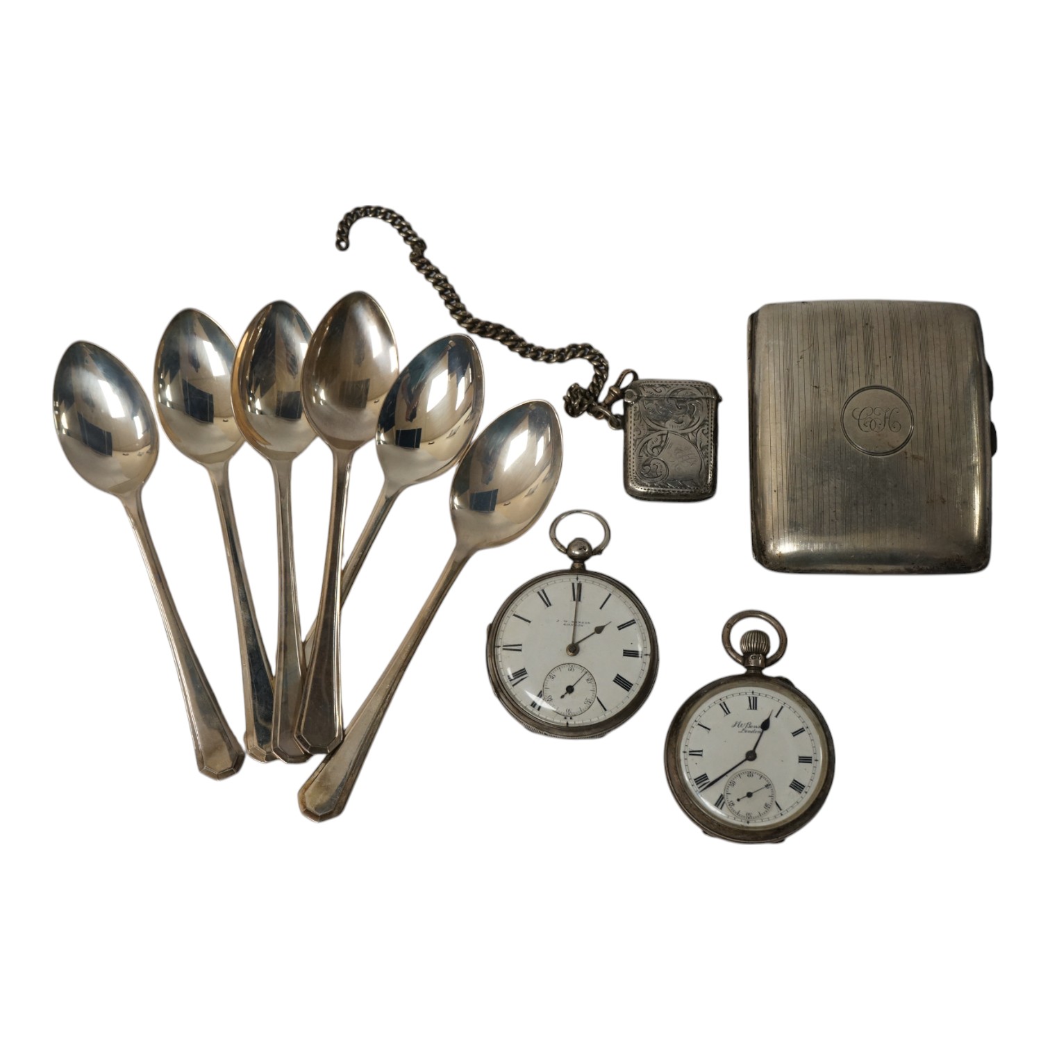 A set of six modern silver teaspoons, by United Cutlers Ltd, Sheffield, 1995, together with an earlier silver cigarette case and silver vesta case and two silver open faced pocket watches including J.W. Benson. Condition